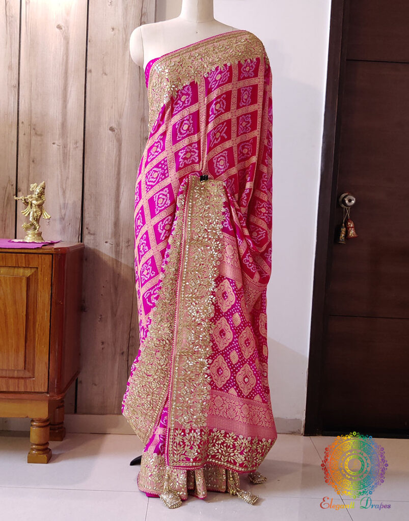 Pink Pure Banarasi Georgette Bandhani Gota Embroidered Saree