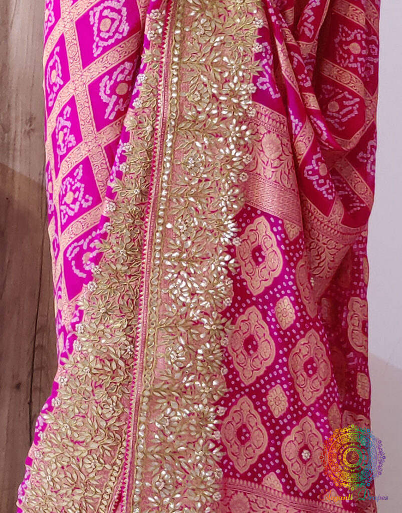 Pink Pure Banarasi Georgette Bandhani Gota Embroidered Saree