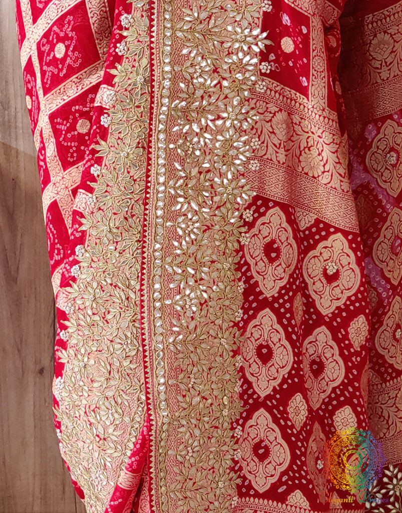 Red Pure Banarasi Georgette Bandhani Gota Embroidered Saree