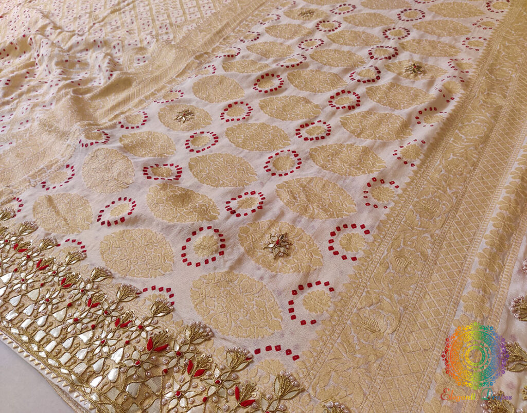 White Pure Banarasi Georgette Bandhani Gota Embroidered Saree