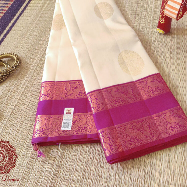 Off White Pink Pure Kanjivaram Silk Handloom Saree