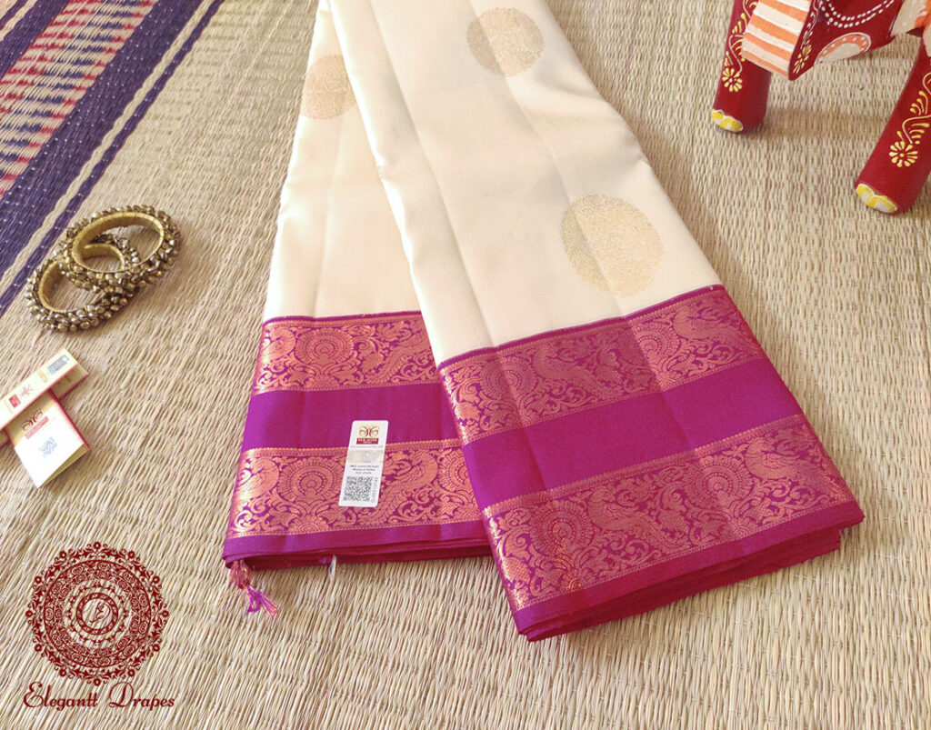 Off White Pink Pure Kanjivaram Silk Handloom Saree