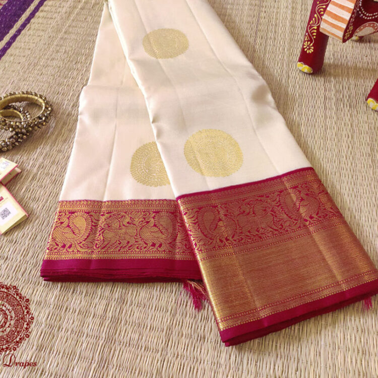 Off White Red Pure Kanjivaram Silk Handloom Saree