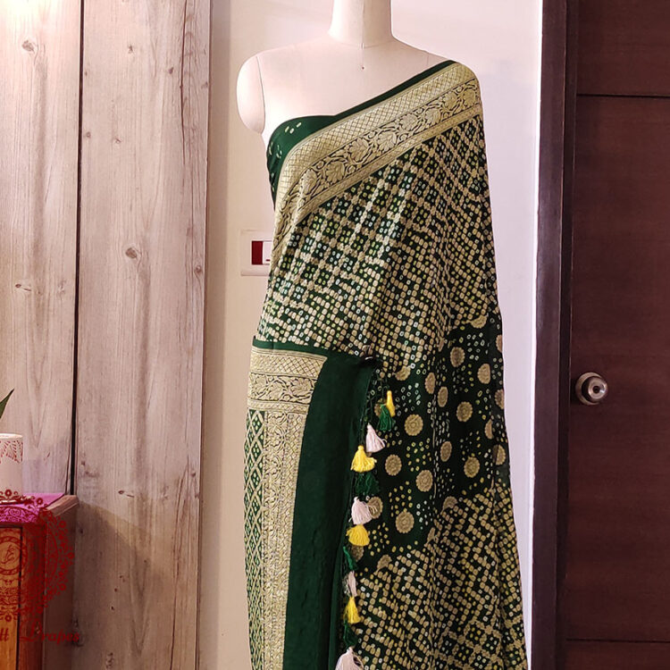 Deep Green Pure Banarasi Handloom Georgette Bandhani Saree