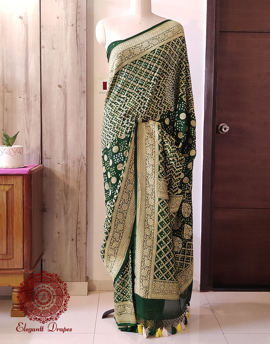 Deep Green Pure Banarasi Handloom Georgette Bandhani Saree
