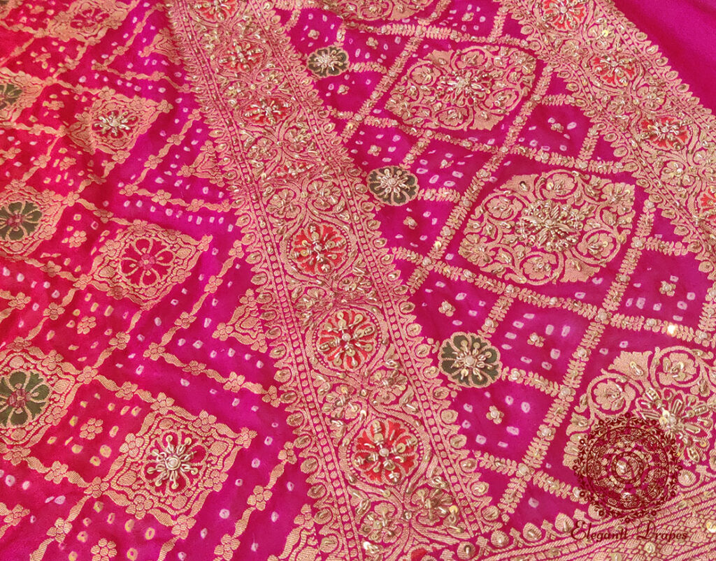 Pink Orange Bandhani Georgette Zardozi Embroidered Dupatta