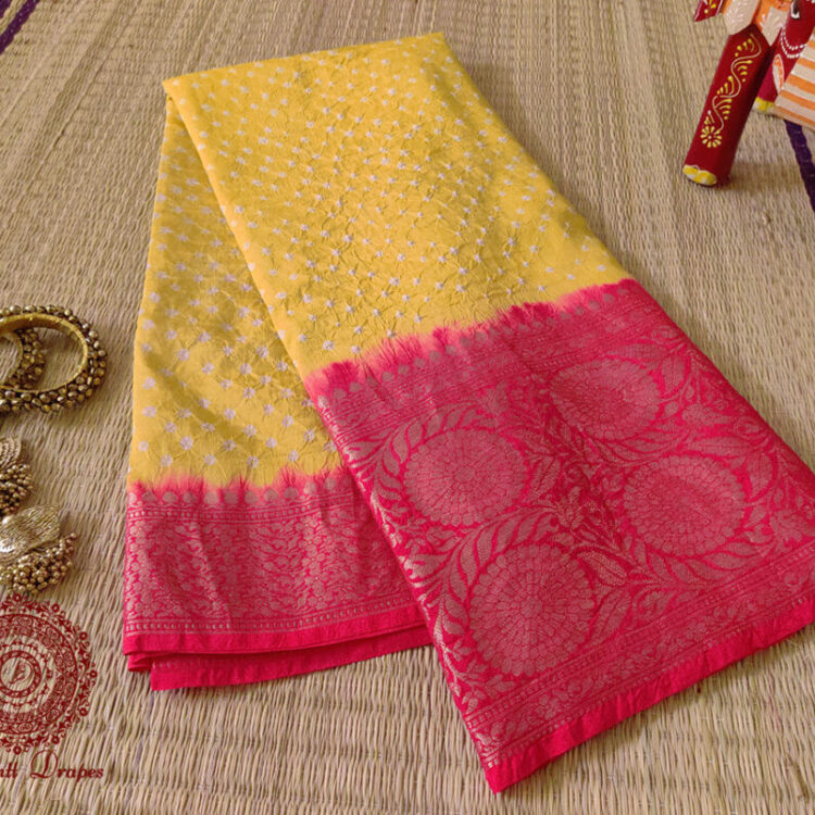 Yellow Silk Bandhani Meenakari Saree