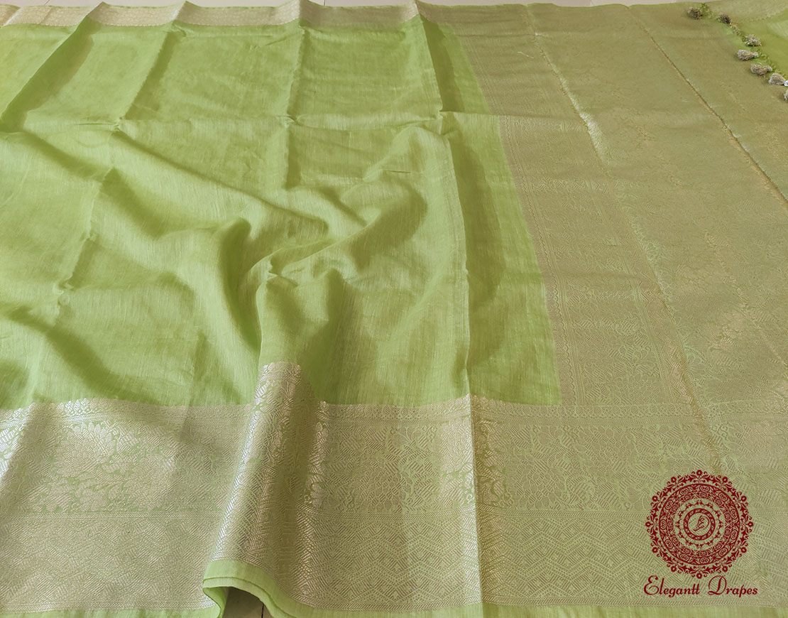 Green Banarasi Pure Linen Saree