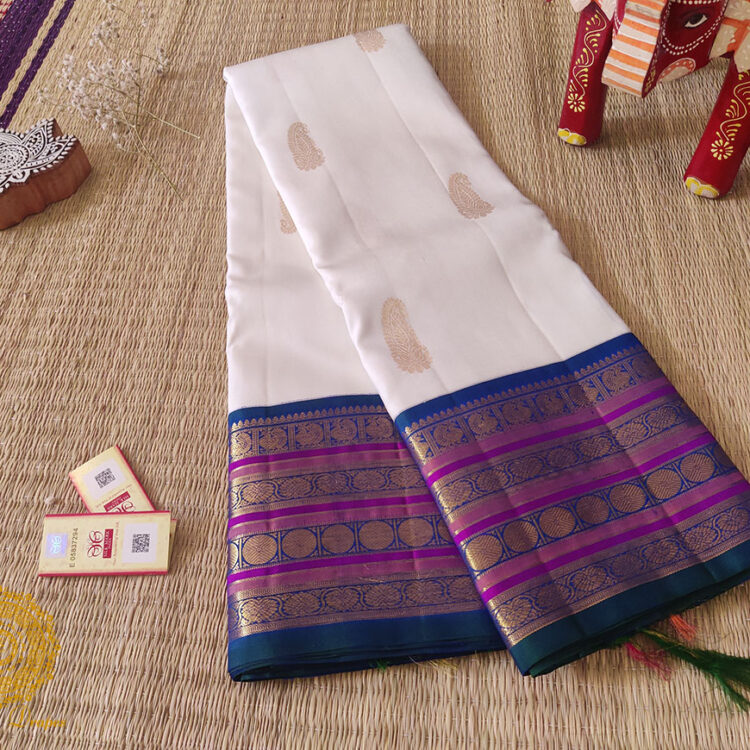 White Blue Pure Kanjivaram Silk Handloom Saree