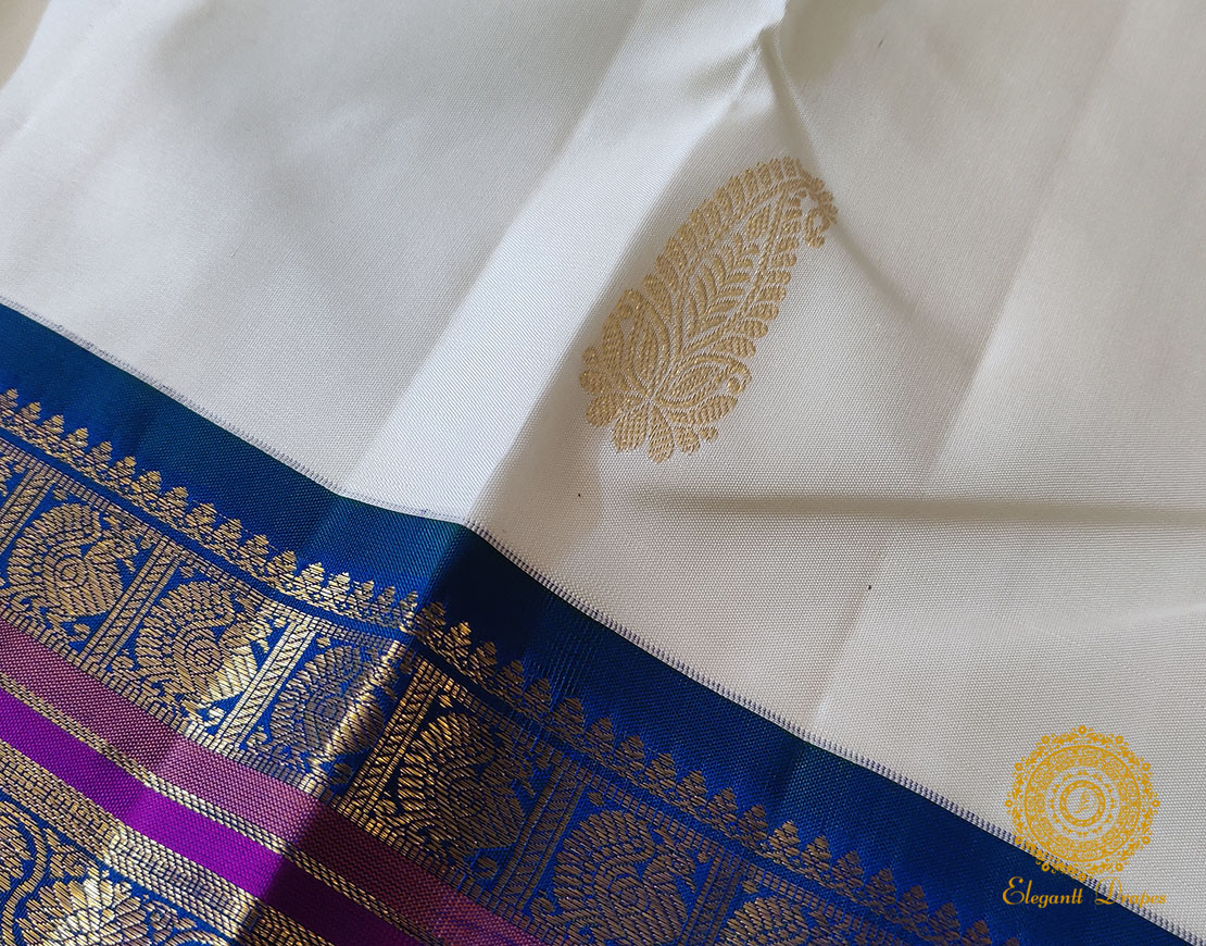 White Blue Pure Kanjivaram Silk Handloom Saree
