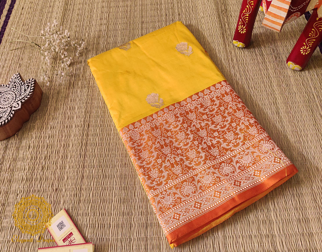 Yellow Orange Pure Banarasi Handloom Katan Silk Saree