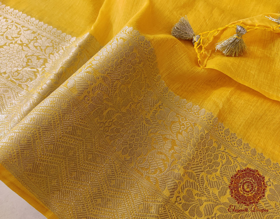 Yellow Banarasi Pure Linen Saree