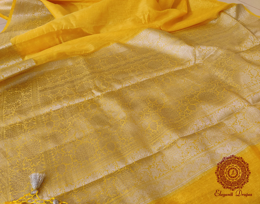 Yellow Banarasi Pure Linen Saree