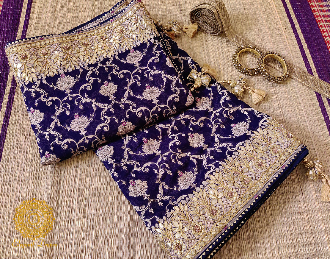 Blue Banarasi Pure Georgette Gota Embroidered Saree