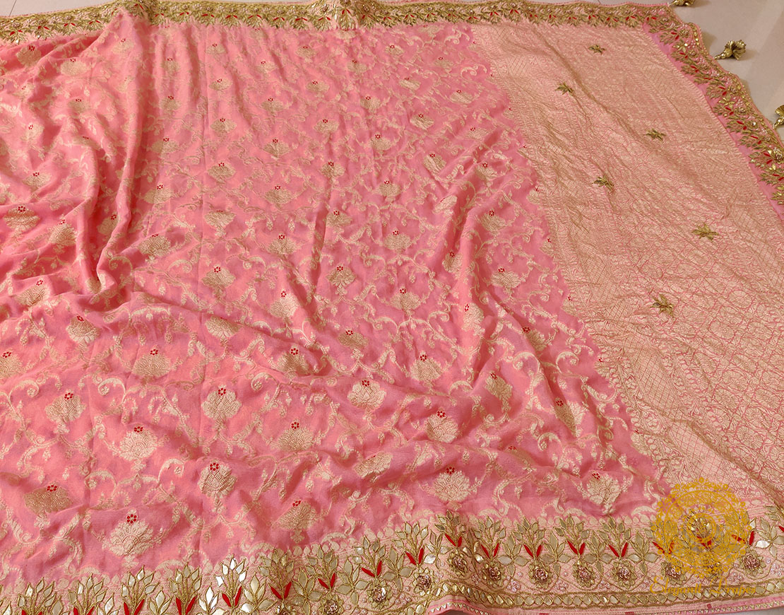 Pale Peach Banarasi Pure Georgette Gota Embroidered Saree
