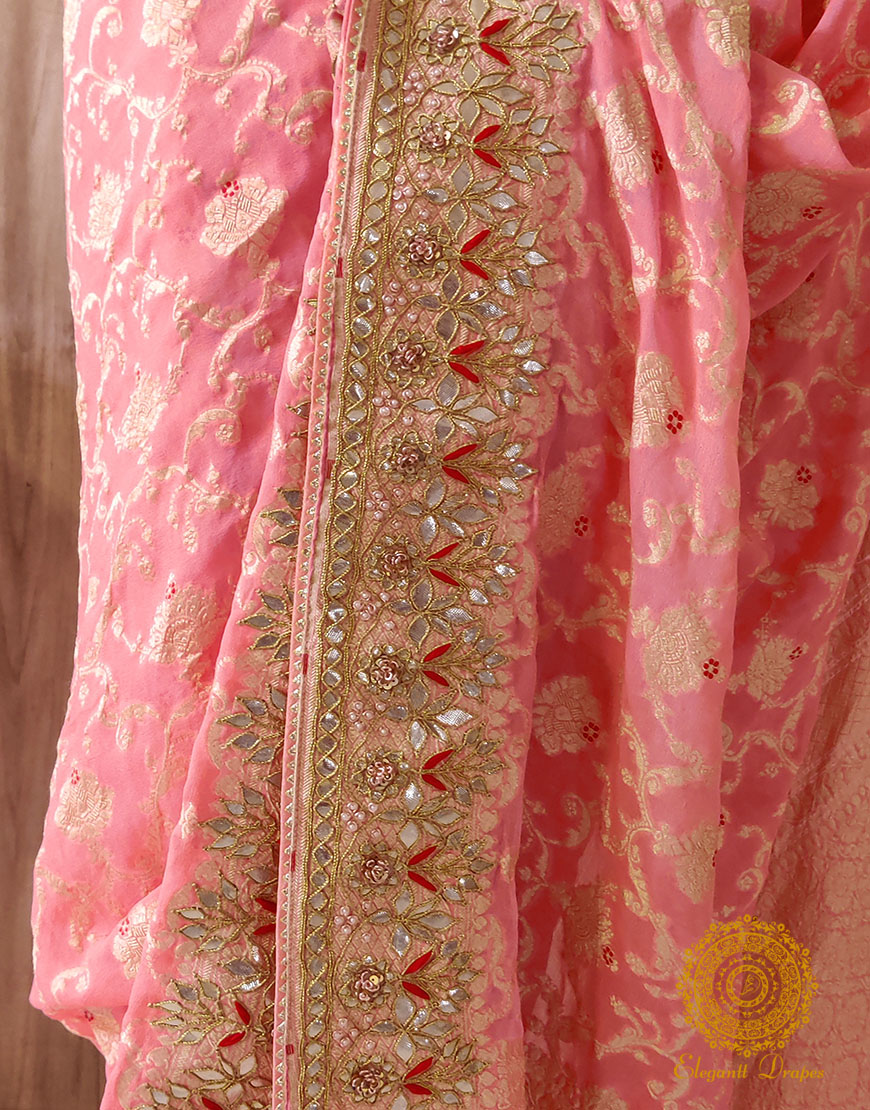 Pale Peach Banarasi Pure Georgette Gota Embroidered Saree