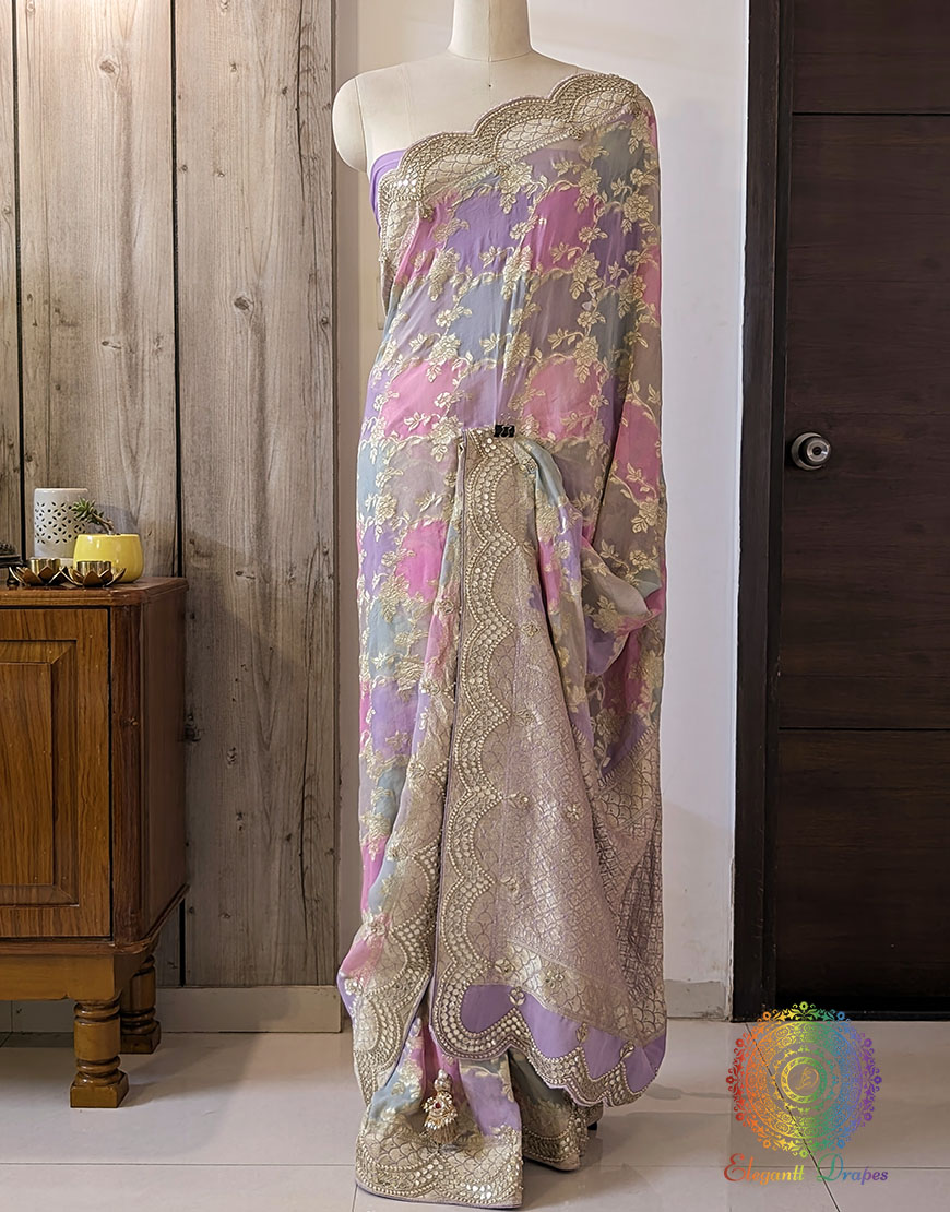 Multi Shaded Banarasi Pure Georgette Gota Embroidered Saree