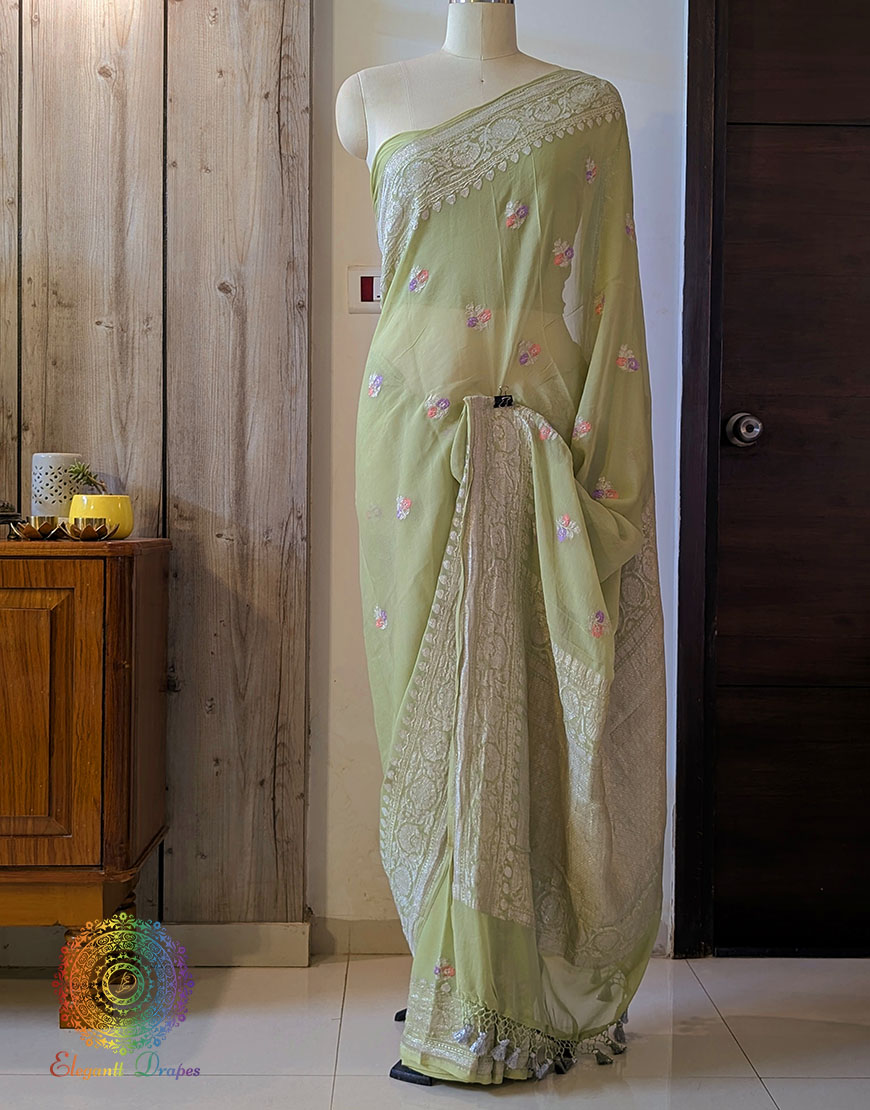 Pista Green Banarasi Handloom Georgette Kadhuwa Saree