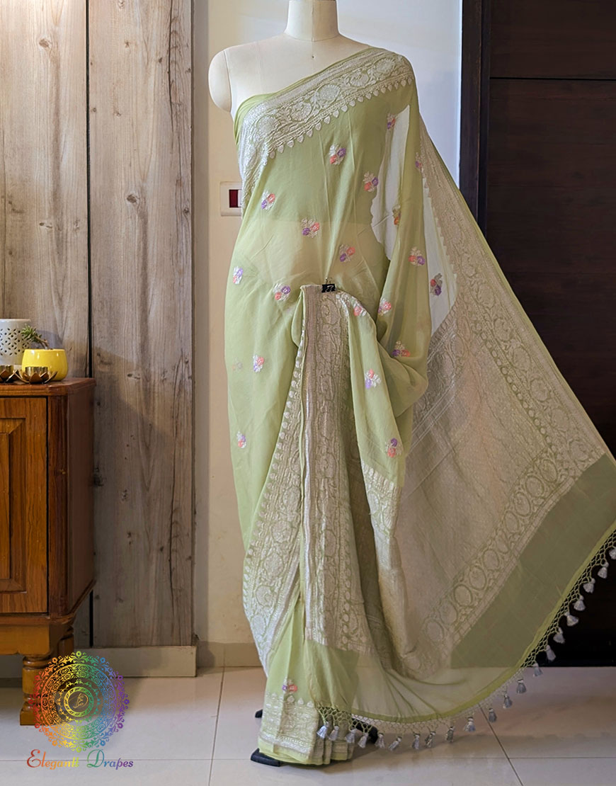 Pista Green Banarasi Handloom Georgette Kadhuwa Saree