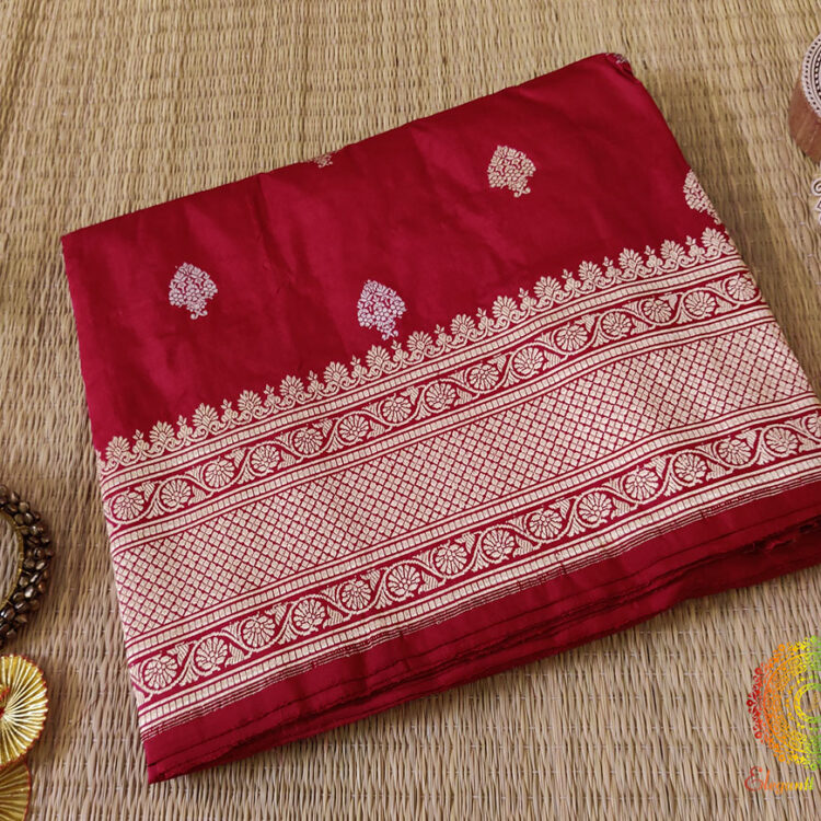 Deep Red Banarasi Handloom Katan Silk Konia Saree