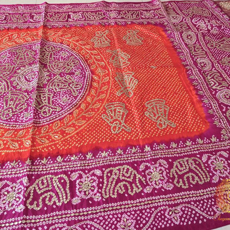 Pink Orange Gaji Silk Bandhani Gota Patti Handwork Dupatta