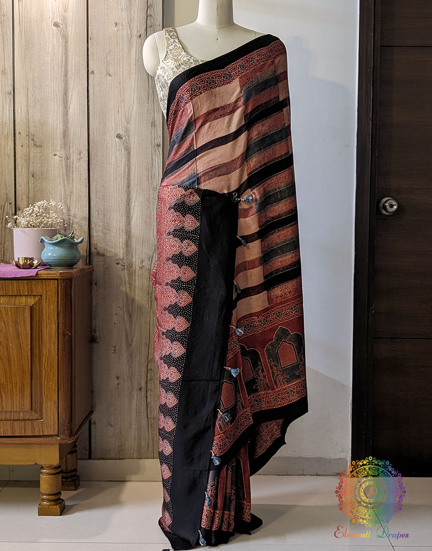 Brown Modal Silk Ajrakh Saree