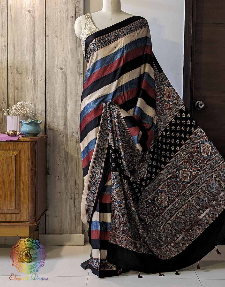 Multi Shaded Modal Silk Ajrakh Saree