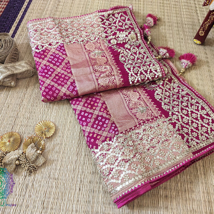 Rani Pink Pure Banarasi Georgette Bandhani Gota Saree