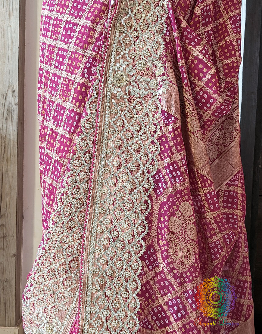 Rani Pink Pure Banarasi Georgette Bandhani Gota Saree