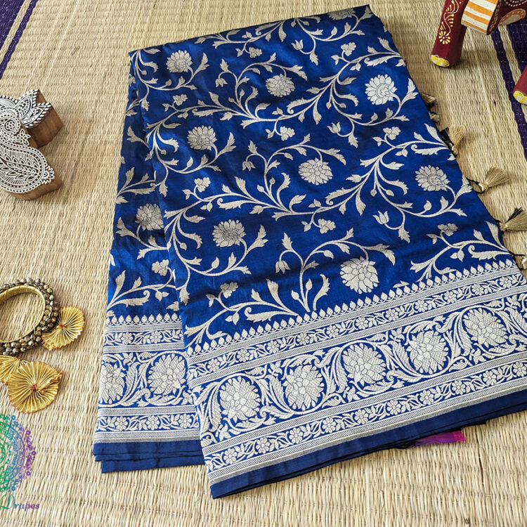 Blue Pure Banarasi Katan Silk Floral Jaal Saree