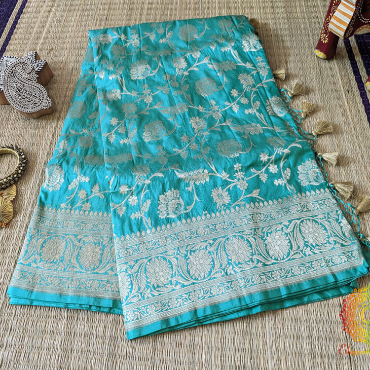 Cyan Pure Banarasi Katan Silk Floral Jaal Saree