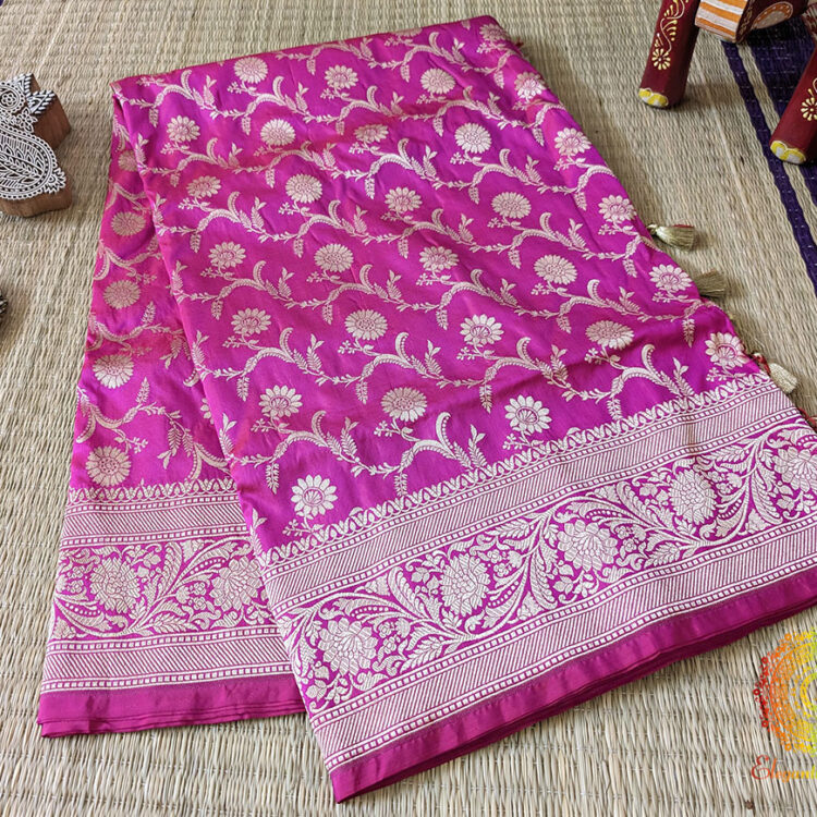 Fuchsia Pink Pure Banarasi Katan Silk Floral Jaal Saree