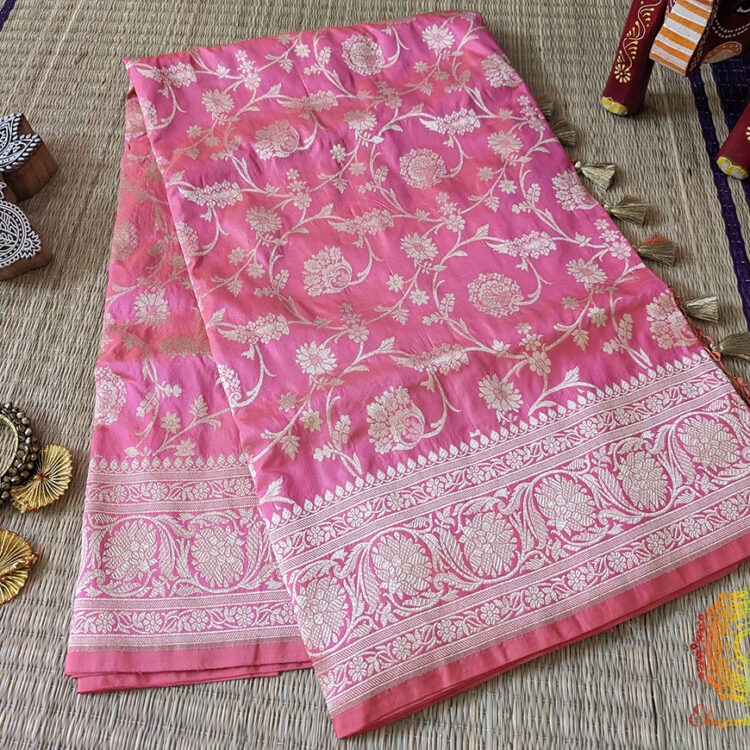 Pretty Pink Pure Banarasi Katan Silk Jaal Saree