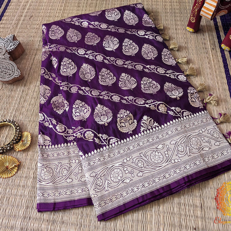 Purple Pure Banarasi Katan Silk Jaal Saree