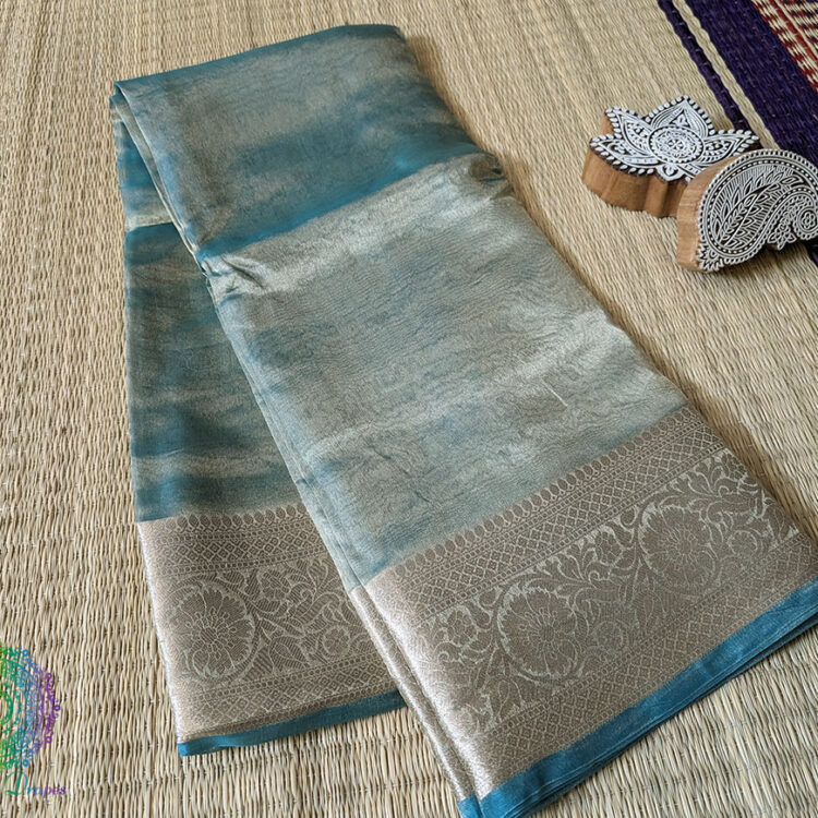 Cyan Pure Banarasi Tissue Silk Saree