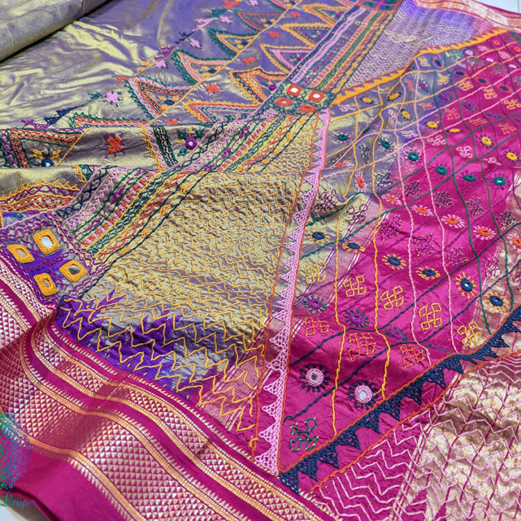 Greenish Purple Pure Ilkal Silk Lambani Handwork Saree