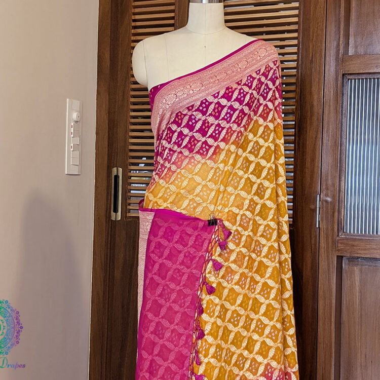 Pink Yellow Banarasi Bandhani Khaddi Georgette Saree