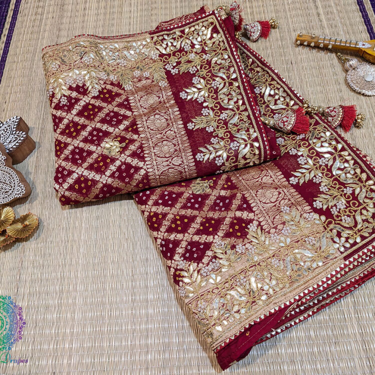 Maroon Banarasi Georgette Bandhani Gota Patti Saree