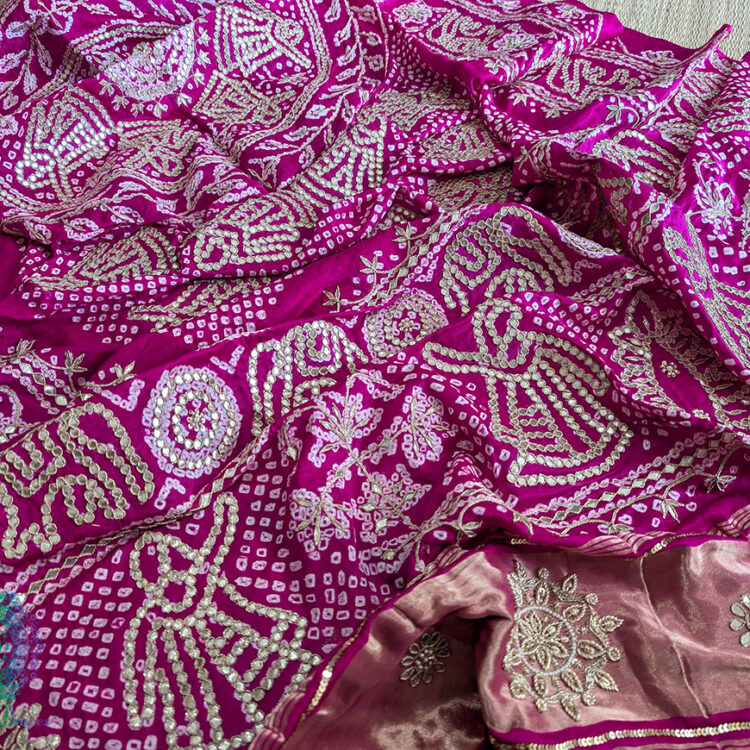 Pink Gaji Silk Bandhani Gota Patti Handwork Dupatta