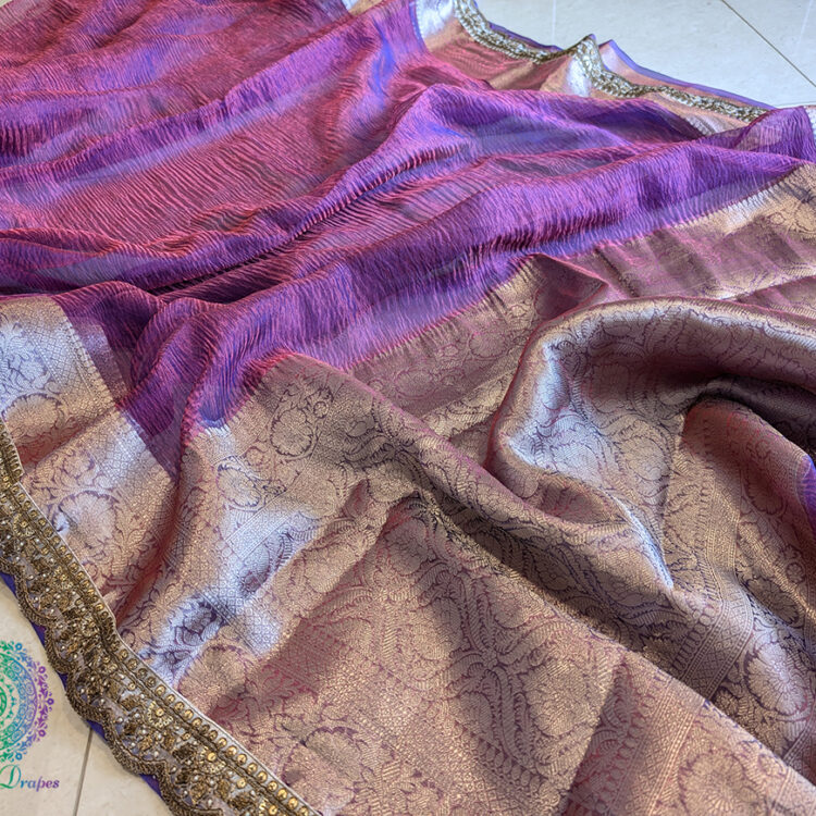 Purple Pure Banarasi Crushed Tissue Silk Saree