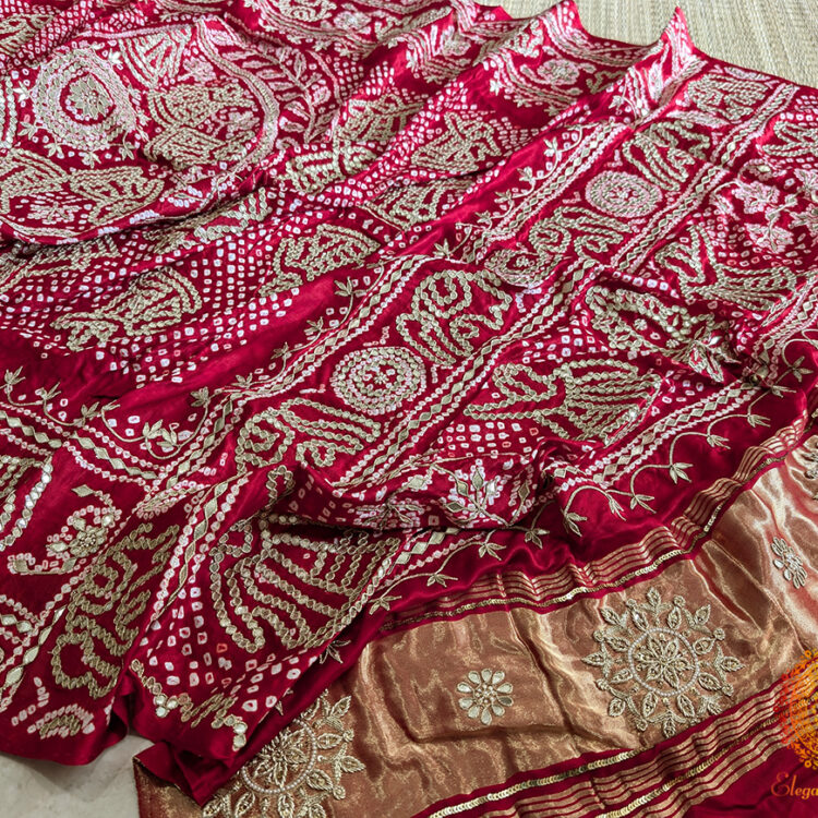 Red Gaji Silk Bandhani Gota Patti Handwork Dupatta