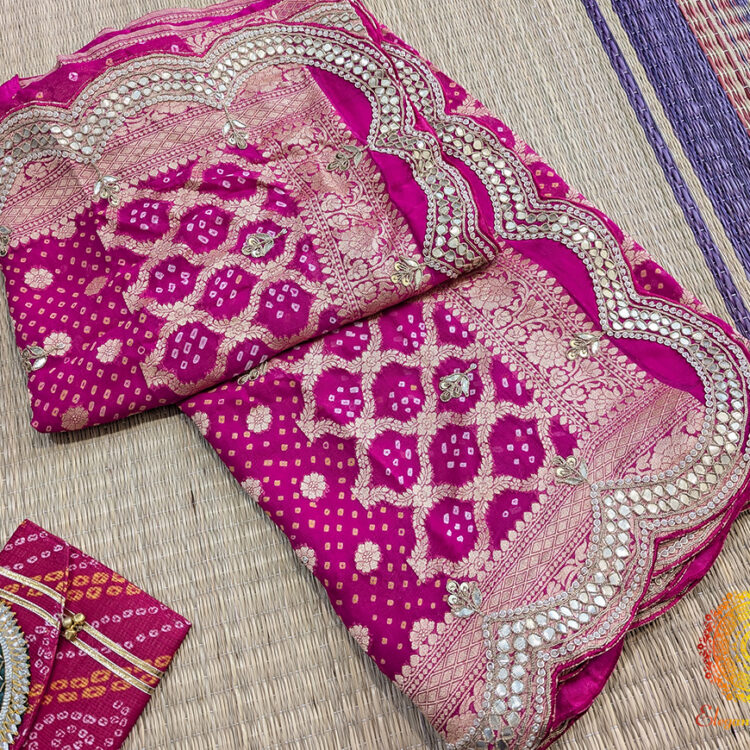 Pink Pure Banarasi Georgette Bandhani Gota Work Saree