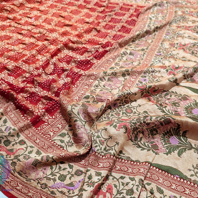 Red Orange Banarasi Georgette Patola Bandhani Dupatta