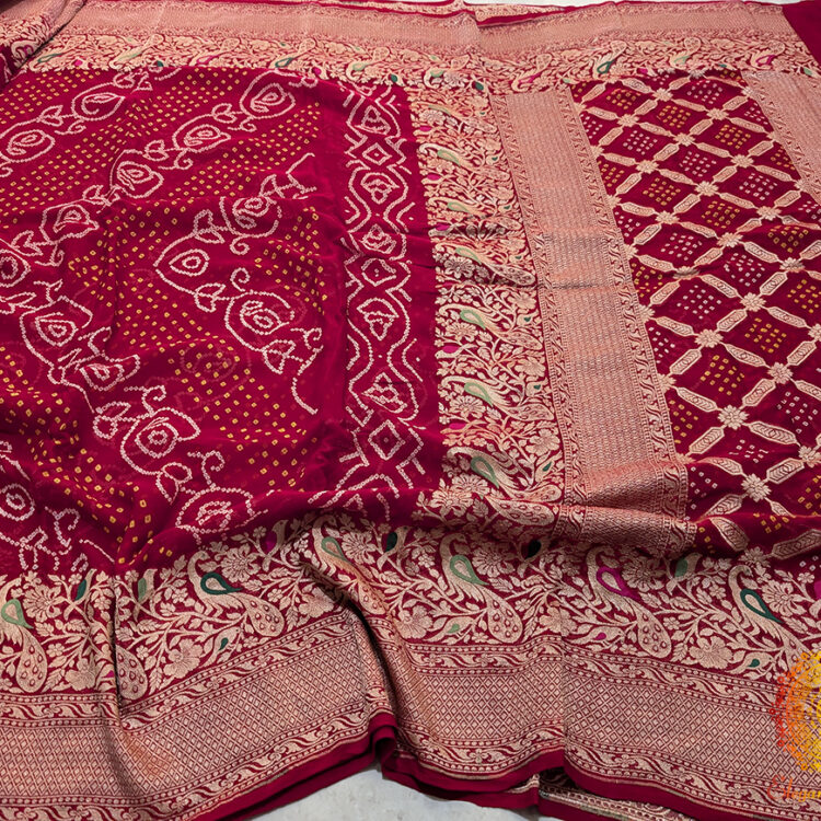 Red Pure Banarasi Georgette Meenakari Bandhani Saree