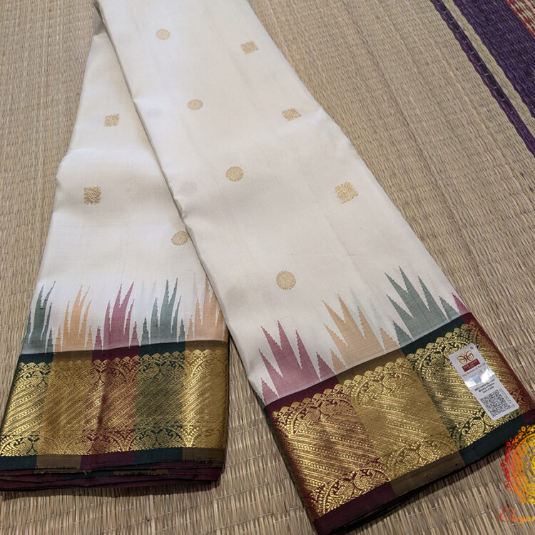 White Pure Kanjivaram Silk Temple Border Saree