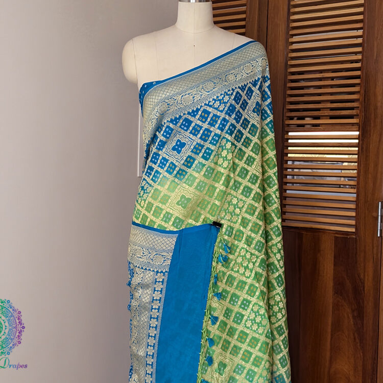 Blue Green Shaded Banarasi Bandhani Khaddi Georgette Saree