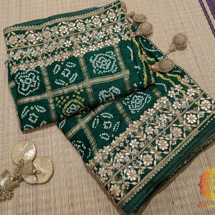 Green Pure Gaji Silk Bandhej Gota Embroidered Saree