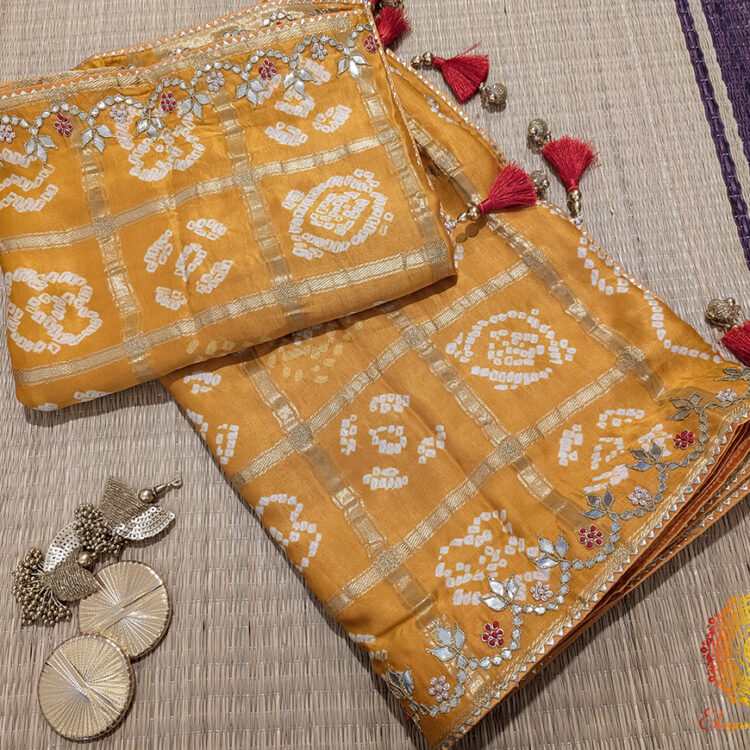 Mustard Pure Gaji Silk Bandhani Gota Patti Saree