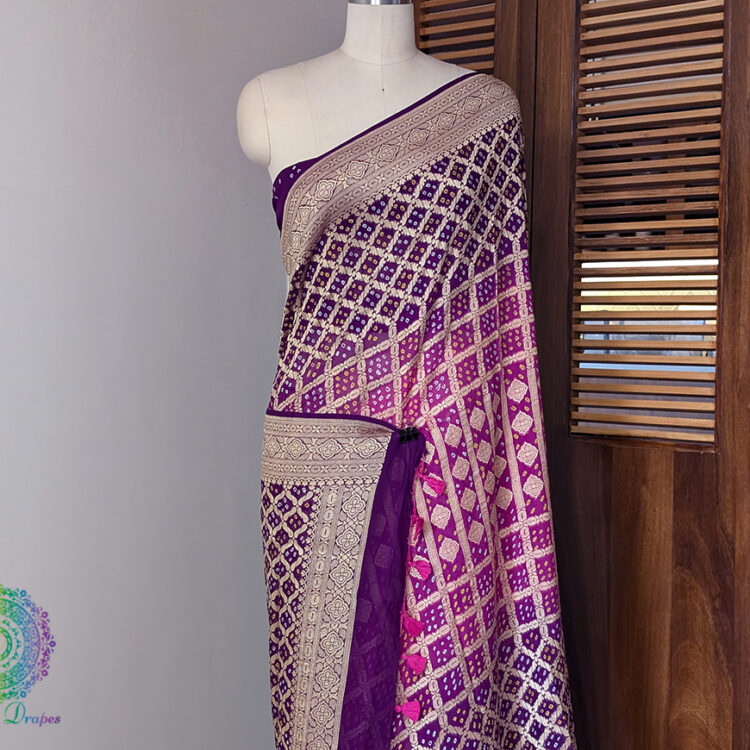 Purple Pink Banarasi Bandhani Khaddi Georgette Saree