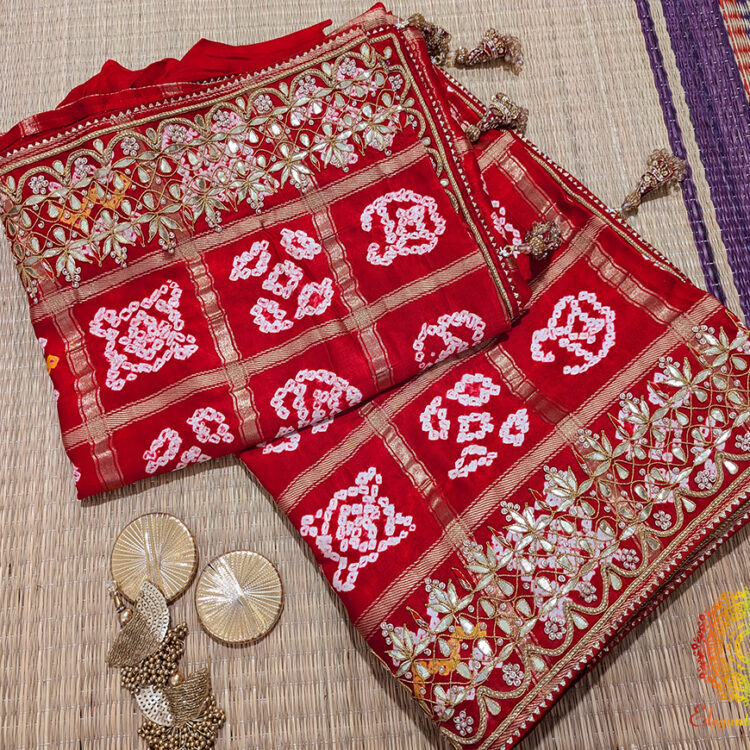 Red Pure Gaji Silk Bandhani Gota Patti Saree